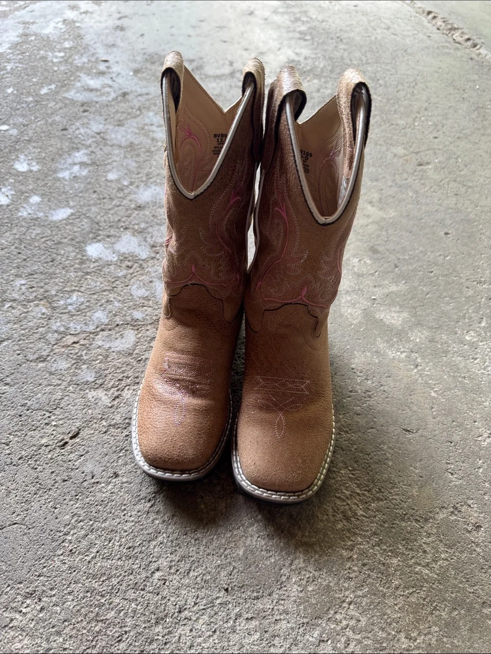 Girls Tan Western Cowboy Boots with Pink Stitching
